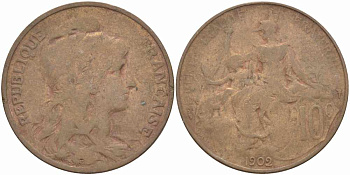 ФРАНЦИЯ 10 САНТИМОВ 1902 ТИП ДАНИЭЛЬ ДЮПЮИ KM 843, LA FRANC 136.12 бронза 109-211