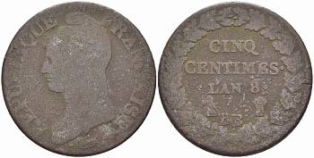 ФРАНЦИЯ 5 САНТИМОВ 1799 ВВ, КОНСУЛАТ (1799-1803) LAN 8, МОНДВОР СТРАСБУРГ KM 640.4, LE FRANC 115.54 бронза 38-913