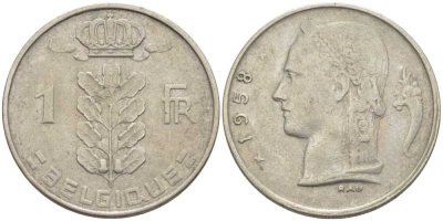 БЕЛЬГИЯ 1 ФРАНК 1958 BELGIQUE, БОДУЭН I (1951-1993) KM 142.1 медно-никель 119-447