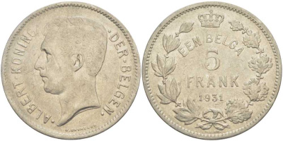 БЕЛЬГИЯ 5 ФРАНКОВ 1931 АЛЬБЕРТ I, DER BELGEN KM 98 никель 3851-341