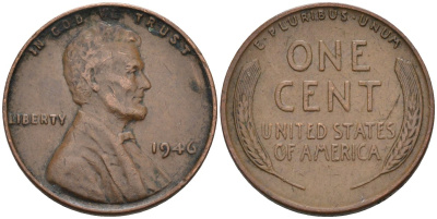 США 1 цент 1946 Линкольн KM А132 медь цинк 4594-324
