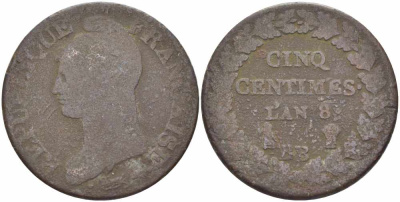 ФРАНЦИЯ 5 САНТИМОВ 1799 ВВ, КОНСУЛАТ (1799-1803) LAN 8, МОНДВОР СТРАСБУРГ KM 640.4, LE FRANC 115.54 бронза 38-913