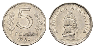 Аргентина 5 песо 1963 KM 59 сталь плакированная никелем 4116-421