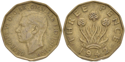 Великобритания 3 пенса 1942 Георг VI (1936-1952) KM 849, Spink 4112 никель латунь 4556-1052