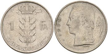 Бельгия 1 франк 1958 BELGIQUE KM 142.1 медно-никель 4592-526