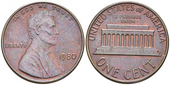 США 1 цент 1980 Авраам Линкольн KM 201 медь цинк 73-111