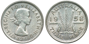 Австралия 3 пенса 1958 m, Елизавета II (1952-2022) KM 57 серебро 71-553