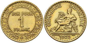 Франция 1 франк 1922 KM 876, Le Franc 218.5 алюминиевая бронза 4142-647