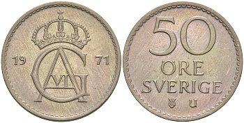 Швеция 50 эре 1971 Густав VI Адольф (1950-1973) KM 837 медно-никель UNC 106-412