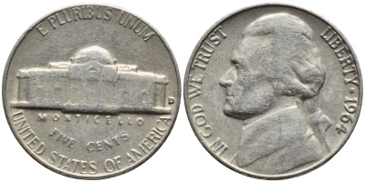 США 5 центов 1964 D, Джефферсон KM А192 медно-никель 4397-125