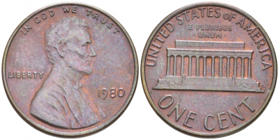 США 1 цент 1980 Авраам Линкольн KM 201 медь цинк 73-111