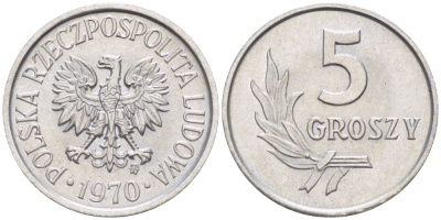 Польша 5 грошей 1970 MW  KM A46, Parchimowicz 204j алюминий UNC 214-756