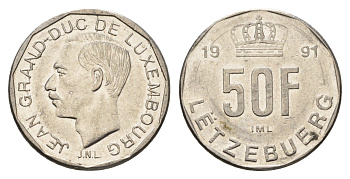 Люксембург 50 франков 1991 Великий герцог Жан (1964-2000) KM 66 никель 4707-214