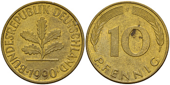 ФРГ 10 пфеннигов 1990 F J. 383, KM 108 сталь плакированная латунью    4603-626