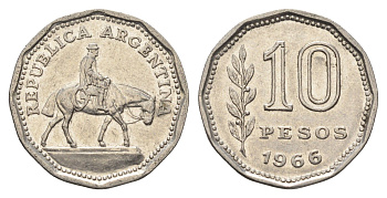 Аргентина 10 песо 1966 Гауч KM 60 сталь плакированная никелем 4663-656