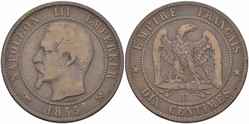 ФРАНЦИЯ 10 САНТИМОВ 1855 B, НАПОЛЕОН III (1852-1870) KM 771.2, LE FRANC 133.20 бронза 38-1036