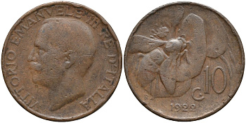 Италия 10 чентезимо 1922 R, пчела, Виктор Эммануил III (1900-1946) KM 60 бронза 4171-844