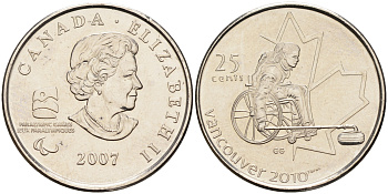 Канада 25 центов 2007 Елизавета II, зимние Олимпийские игры 2010 года в Ванкувере, параолимпийцы KM 684 сталь плакированная никелем  UNC  4150-536