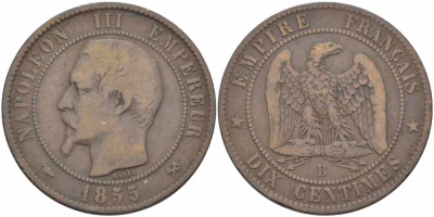 Франция 10 сантимов 1855 B, Наполеон III (1852-1870) KM 771.2, Le Franc 133.21 бронза 38-1036