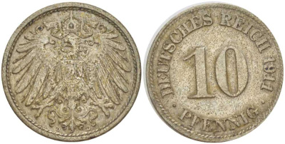 ГЕРМАНИЯ 10 ПФЕННИГОВ 1911 D KM 12, J. 13, Weege 8 медно-никель 212-146