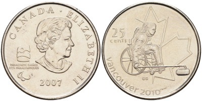 Канада 25 центов 2007 Елизавета II, зимние Олимпийские игры 2010 года в Ванкувере, параолимпийцы KM 684 сталь плакированная никелем  UNC  4150-536
