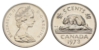 Канада 5 центов 1973 Елизавета II (1952-2022), бобр KM 60.1 никель PROOF-LIKE (BU) 4630-942