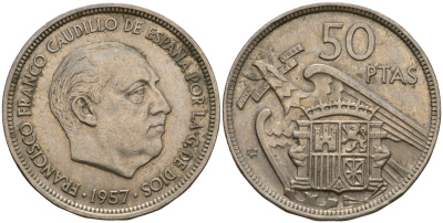 Испания 50 песет 1957 (58) Франсиско Франко (1939-1975) KM 788 медно-никель 3460-114
