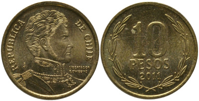 Чили 10 песо 2011 So KM 228.2, Schon 82 алюминиевая бронза UNC 4544-857