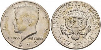 США 1/2 доллара (50 центов) 1972 Джон Кеннеди KM 202b медь плакированная медно-никелем UNC 3855-524