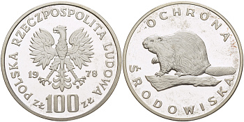 Польша 100 злотых 1978 MW, серия охрана окружающей среды, бобер KM 96, Parchimowicz 283 серебро PROOF 1085-1-21