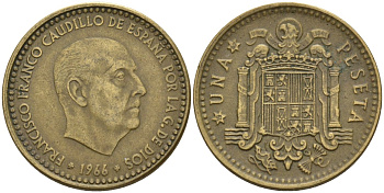Испания 1 песета 1966 (67) Франсиско Франко (1939 - 1975) KM 796 алюминиевая бронза 4155-342
