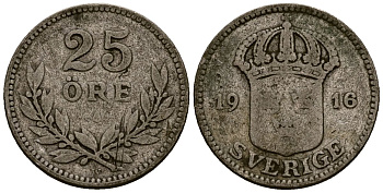 Швеция 25 эре 1916 Густав V (1907-1950) KM 785 серебро 4164-1022