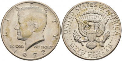 США 1/2 доллара (50 центов) 1972 Джон Кеннеди KM 202b медь плакированная медно-никелем UNC 3855-524