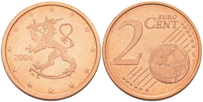 ФИНЛЯНДИЯ 2 ЕВРОЦЕНТА 2004 M KM 99 сталь плакированная медью UNC 214-319