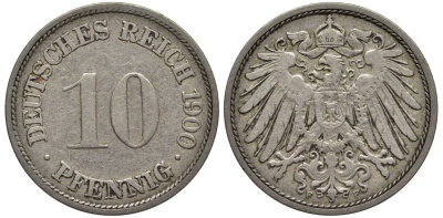 Германия 10 пфеннигов 1900 F KM 12, Jager 13, Weege 8 медно-никель 219-333