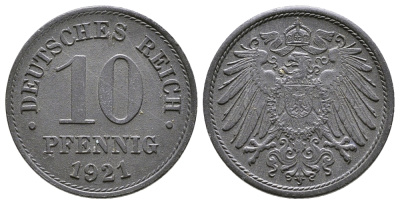 ГЕРМАНИЯ 10 ПФЕННИГОВ 1921 KM 26, J. 299 цинк 4380-245