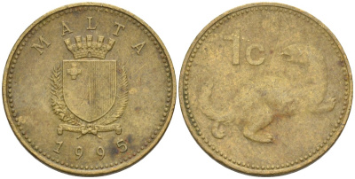 Мальта 1 цент 1995 ласка, горностай KM 93 никель латунь 4585-1226