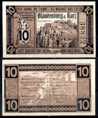 Бланкенбург-ам-Гарц (Брауншвейг) 10 пфеннигов 1920 Mehl Grabowski 114.1-2/5 бумага UNC (пресс) 7556-57-2-2