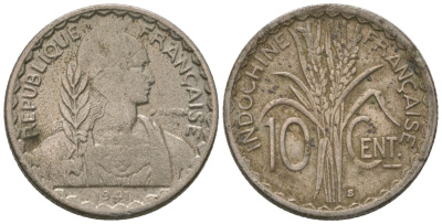 Французский Индокитай 10 сантимов 1941 KM 21.1a медно-никель 4164-1146