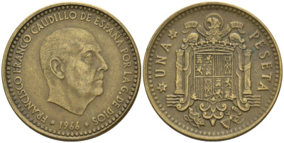 Испания 1 песета 1966 (67) Франсиско Франко (1939 - 1975) KM 796 алюминиевая бронза 4155-342