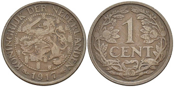 НИДЕРЛАНДЫ 1 ЦЕНТ 1917 ВИЛЬГЕЛЬМИНА I (1891-1948) KM 152 бронза 4547-1067