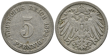ГЕРМАНИЯ 5 ПФЕННИГОВ 1893 A KM 11, J. 12 медно-никель 39-652