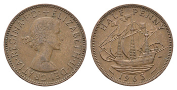 Великобритания 1/2 пенни 1963 Елизавета II (1952-2022) KM 896, Spink 4158 бронза 4662-1221