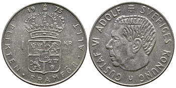 Швеция 1 крона 1973 U, Густав VI Адольф (1950-1973) КМ 826a медь плакированная медно-никелем 176-435
