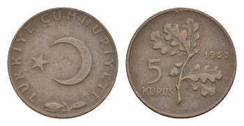 Турция 5 курушей 1963 KM 890.1 бронза 4647-522