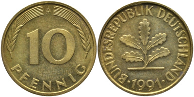 ФРГ 10 ПФЕННИГОВ 1991 A KM 108, J. 383 сталь плакированная латунью UNC 65-1212