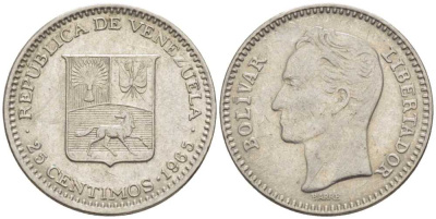 Венесуэла 25 сентимо 1965 Симон Боливар KM 40 никель 105-822