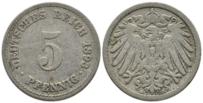 ГЕРМАНИЯ 5 ПФЕННИГОВ 1893 A KM 11, J. 12 медно-никель 39-652
