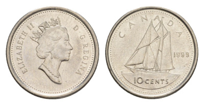 Канада 10 центов 1999 Елизавета II (1952-2022), парусник KM 183 никель 4630-849
