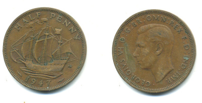 Великобритания 1/2 пенни 1947 Георг VI (1936-1952) KM 844, Spink 4115 бронза 4383-1026